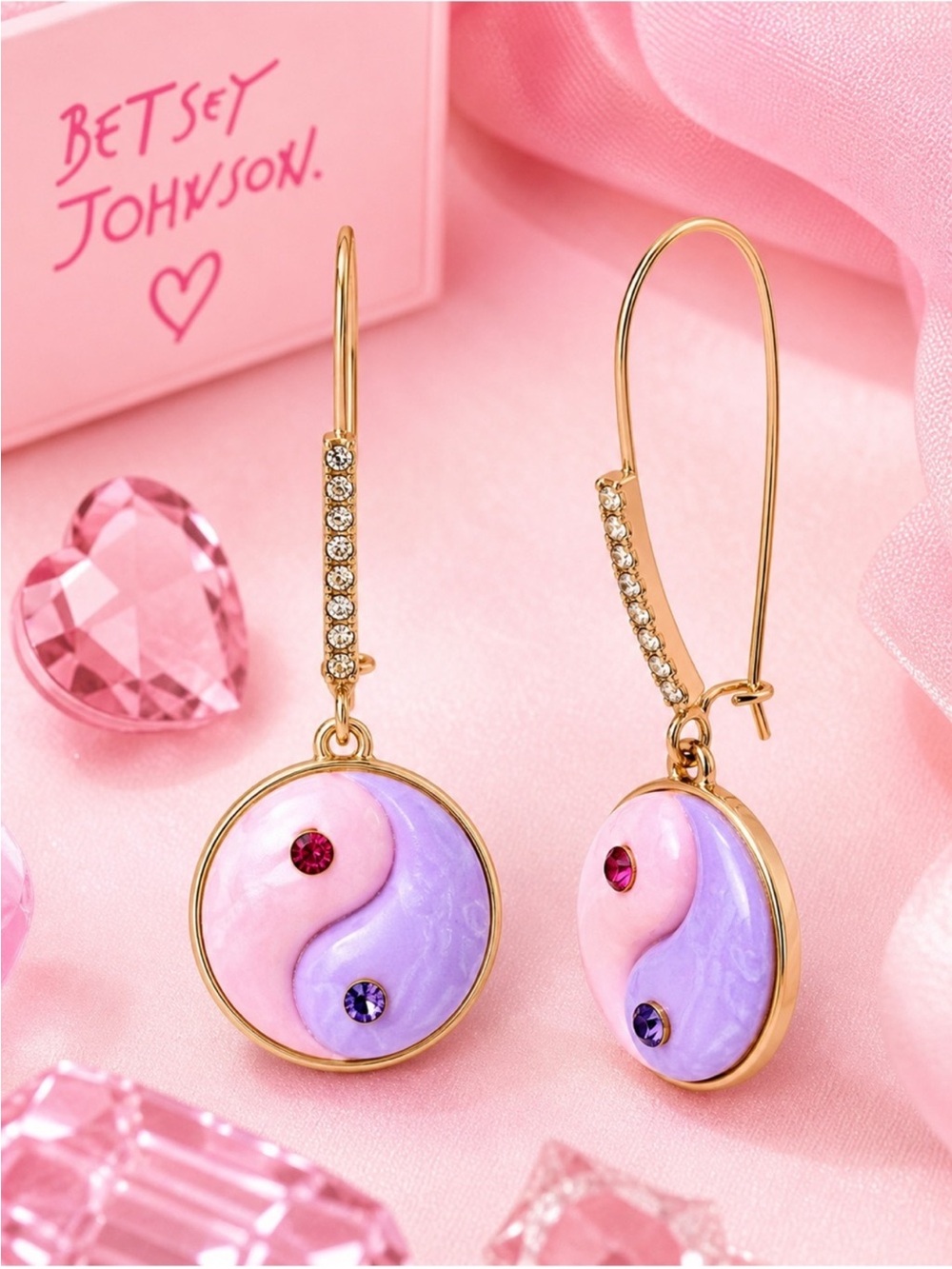 Betsey Johnson Yin Yang Drop Earrings Gold Pink Purple Crystal NWT